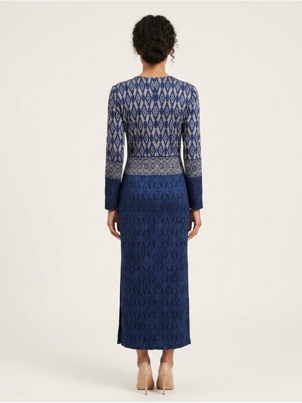St. John Evening Diamond Jacquard Knit Maxi Dress Navy Blue Silver Long Sleeve 4 - Picture 2 of 14